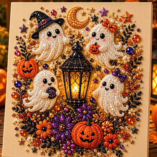 Halloween Diamond Painting DIY-Set 25 × 25 cm – Glitzernde Fensterdeko oder Leinwandbild mit Hexe, Kürbis, Katze & Geist