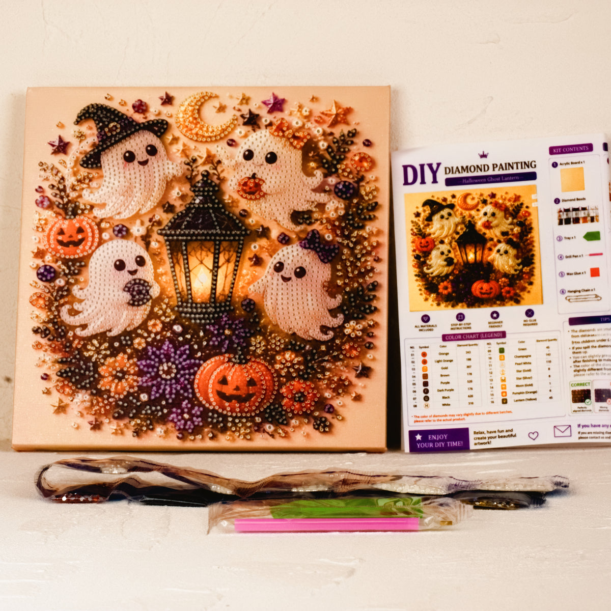 Halloween Diamond Painting DIY-Set 25 × 25 cm – Glitzernde Fensterdeko oder Leinwandbild mit Hexe, Kürbis, Katze & Geist