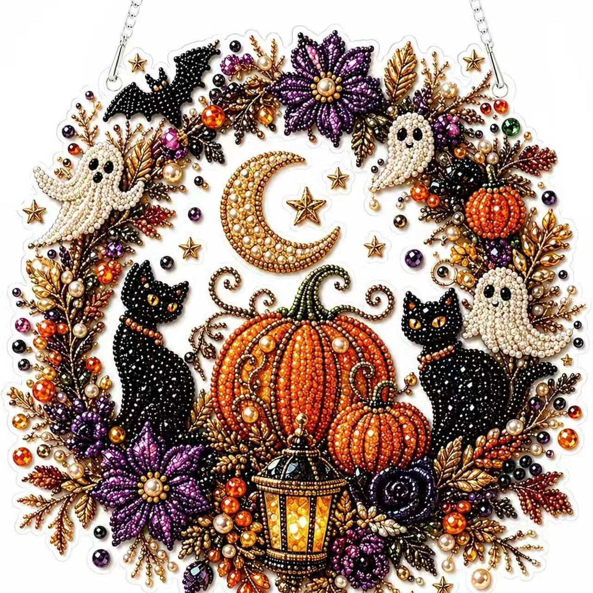 Halloween Diamond Painting DIY-Set 25 × 25 cm – Glitzernde Fensterdeko oder Leinwandbild mit Hexe, Kürbis, Katze & Geist