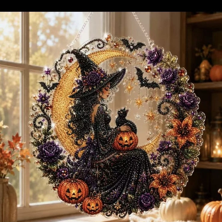 Halloween Diamond Painting DIY-Set 25 × 25 cm – Glitzernde Fensterdeko oder Leinwandbild mit Hexe, Kürbis, Katze & Geist