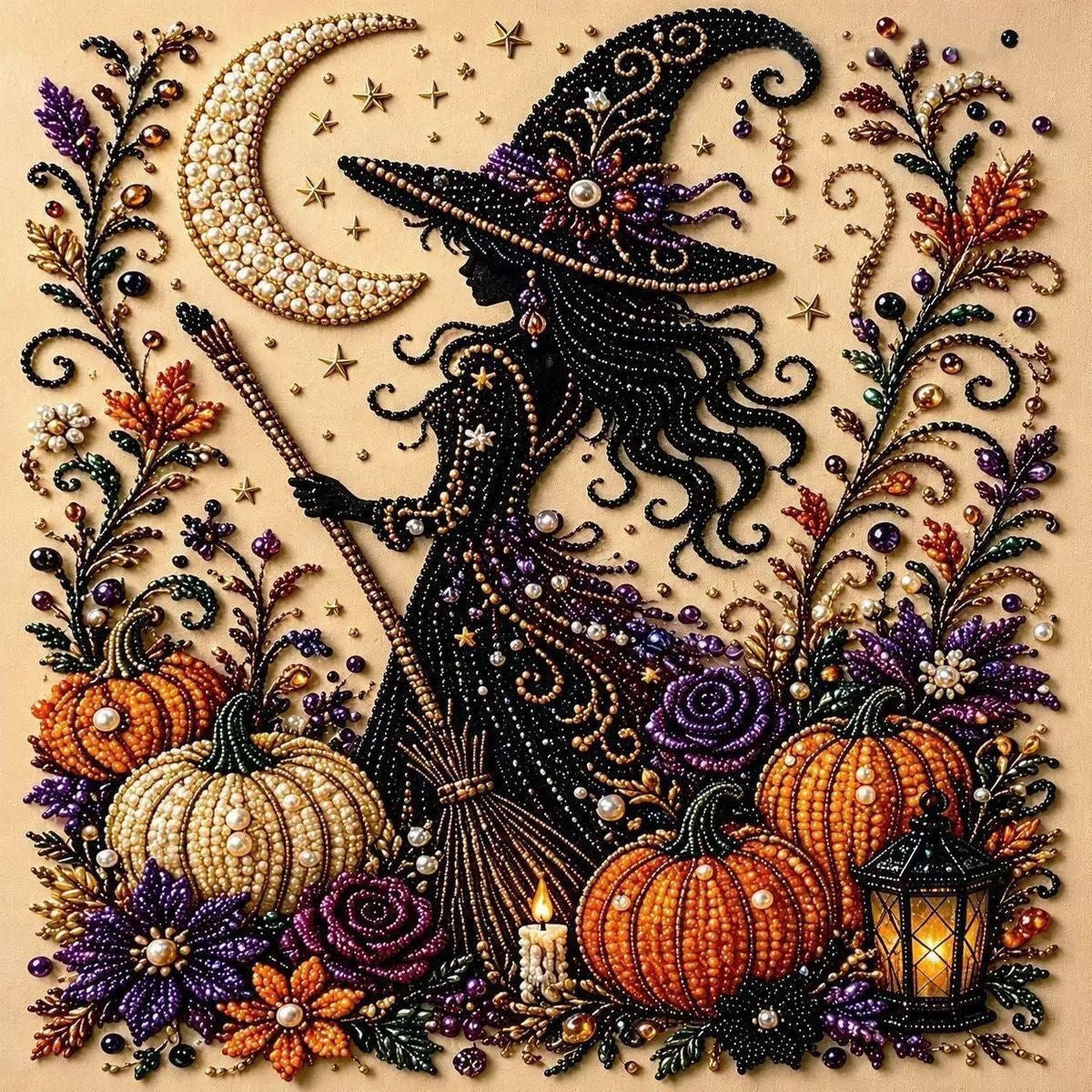 Halloween Diamond Painting DIY-Set 25 × 25 cm – Glitzernde Fensterdeko oder Leinwandbild mit Hexe, Kürbis, Katze & Geist