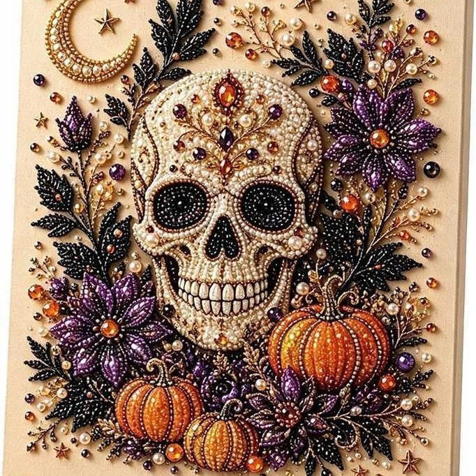Halloween Diamond Painting DIY-Set 25 × 25 cm – Glitzernde Fensterdeko oder Leinwandbild mit Hexe, Kürbis, Katze & Geist