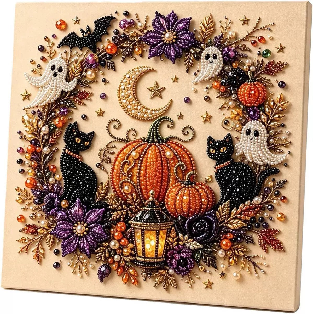 Halloween Diamond Painting DIY-Set 25 × 25 cm – Glitzernde Fensterdeko oder Leinwandbild mit Hexe, Kürbis, Katze & Geist
