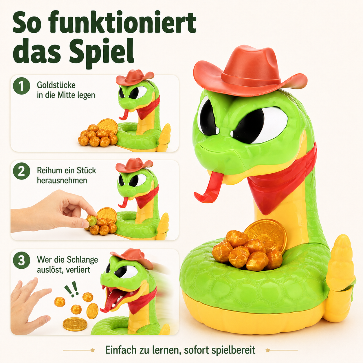 Schnapp-Schlange – lustiges Reaktionsspiel mit Goldstücken für Kinder & Familie