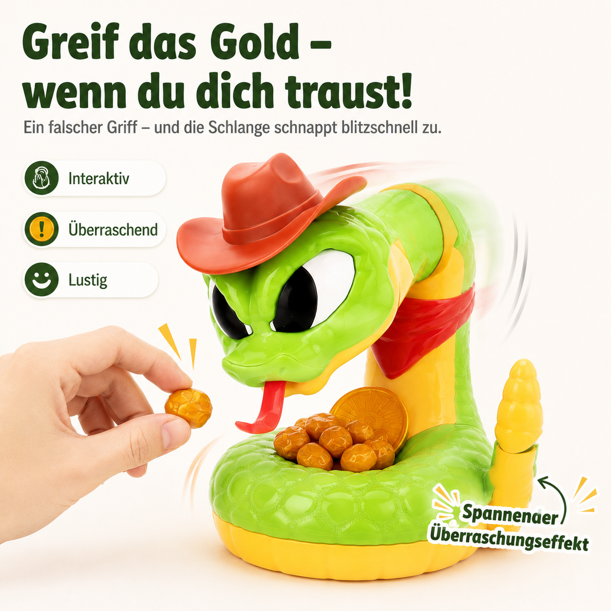 Schnapp-Schlange – lustiges Reaktionsspiel mit Goldstücken für Kinder & Familie