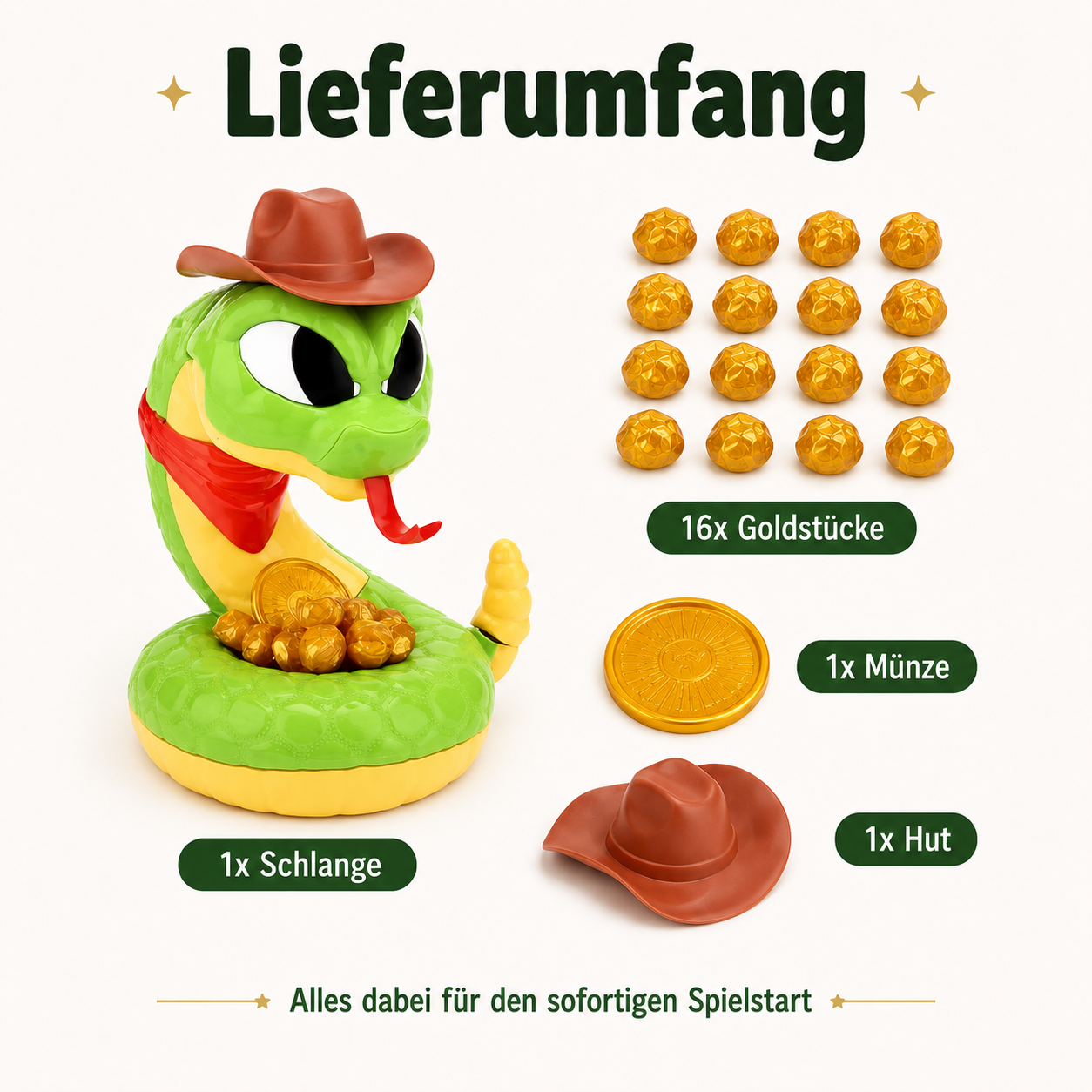 Schnapp-Schlange – lustiges Reaktionsspiel mit Goldstücken für Kinder & Familie