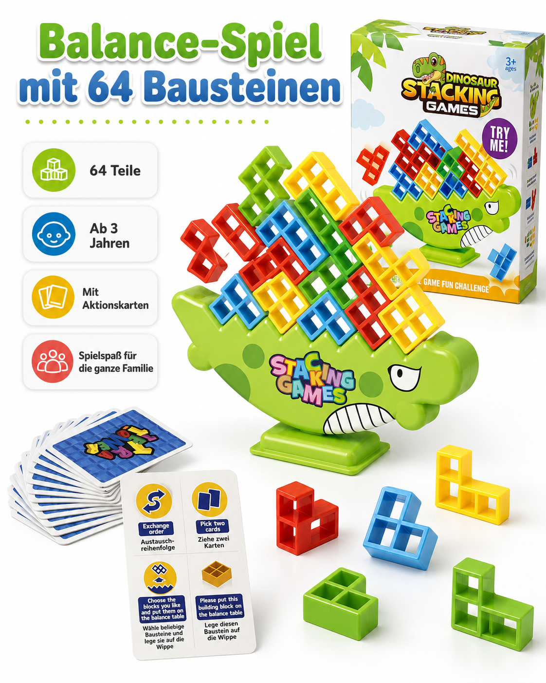 Balance-Spiel mit 64 Bausteinen für Kinder ab 3 Jahren – Stapelspiel mit Aktionskarten