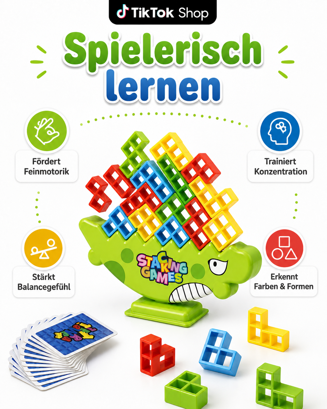 Balance-Spiel mit 64 Bausteinen für Kinder ab 3 Jahren – Stapelspiel mit Aktionskarten