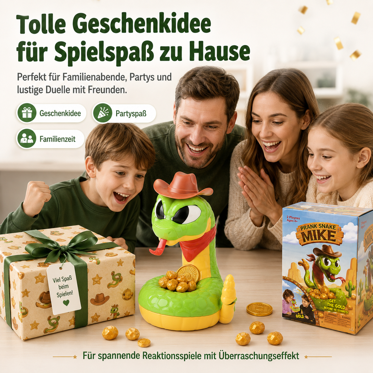 Schnapp-Schlange – lustiges Reaktionsspiel mit Goldstücken für Kinder & Familie