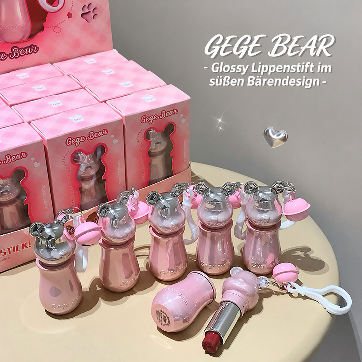 GEGE BEAR Lippenstift mit Glossy Finish & süßem Bären-Taschenanhänger, 3,8 g