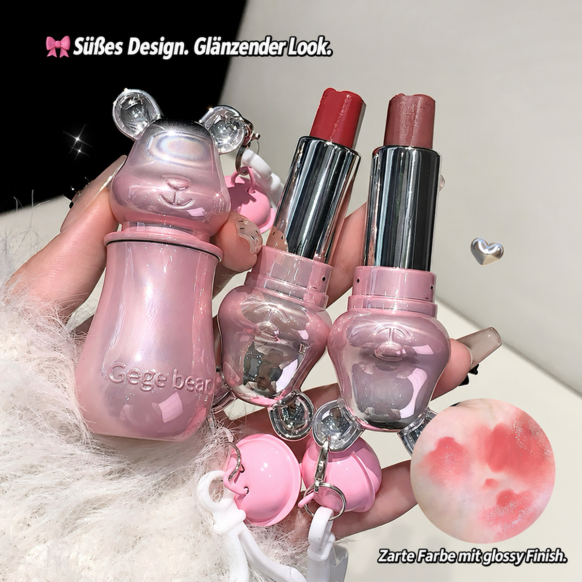 GEGE BEAR Lippenstift mit Glossy Finish & süßem Bären-Taschenanhänger, 3,8 g