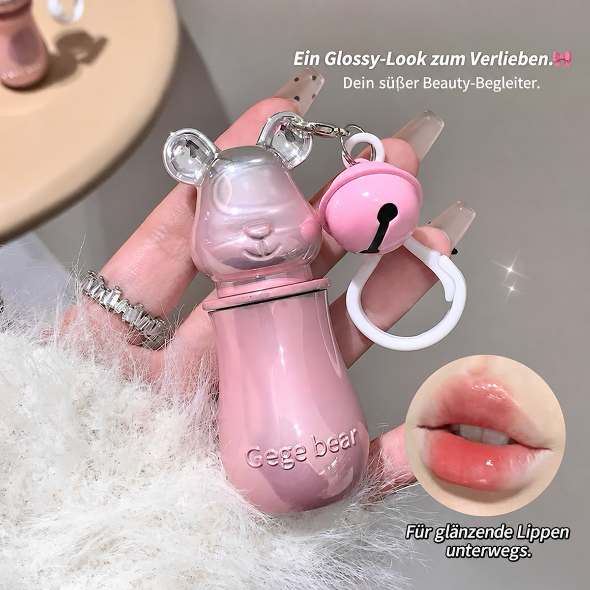 GEGE BEAR Lippenstift mit Glossy Finish & süßem Bären-Taschenanhänger, 3,8 g