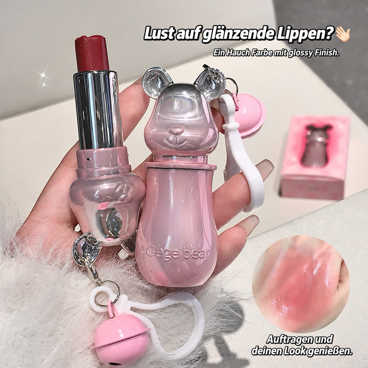 GEGE BEAR Lippenstift mit Glossy Finish & süßem Bären-Taschenanhänger, 3,8 g