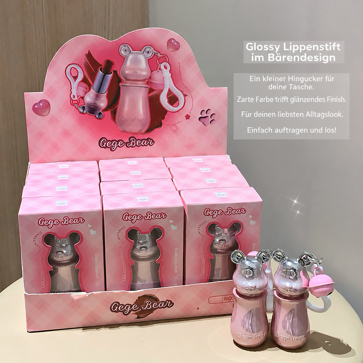 GEGE BEAR Lippenstift mit Glossy Finish & süßem Bären-Taschenanhänger, 3,8 g