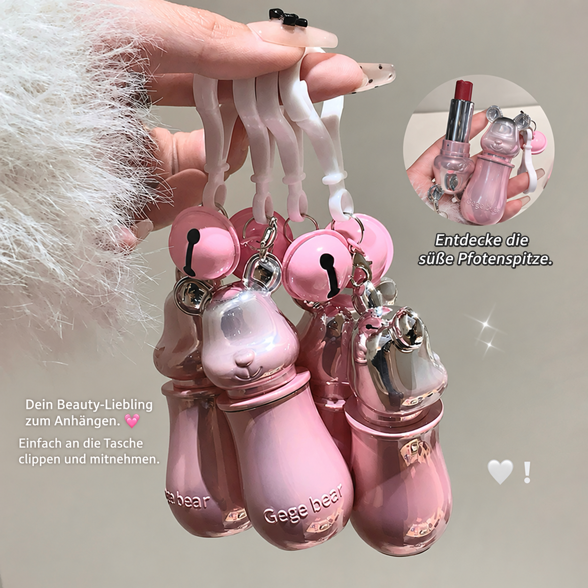 GEGE BEAR Lippenstift mit Glossy Finish & süßem Bären-Taschenanhänger, 3,8 g