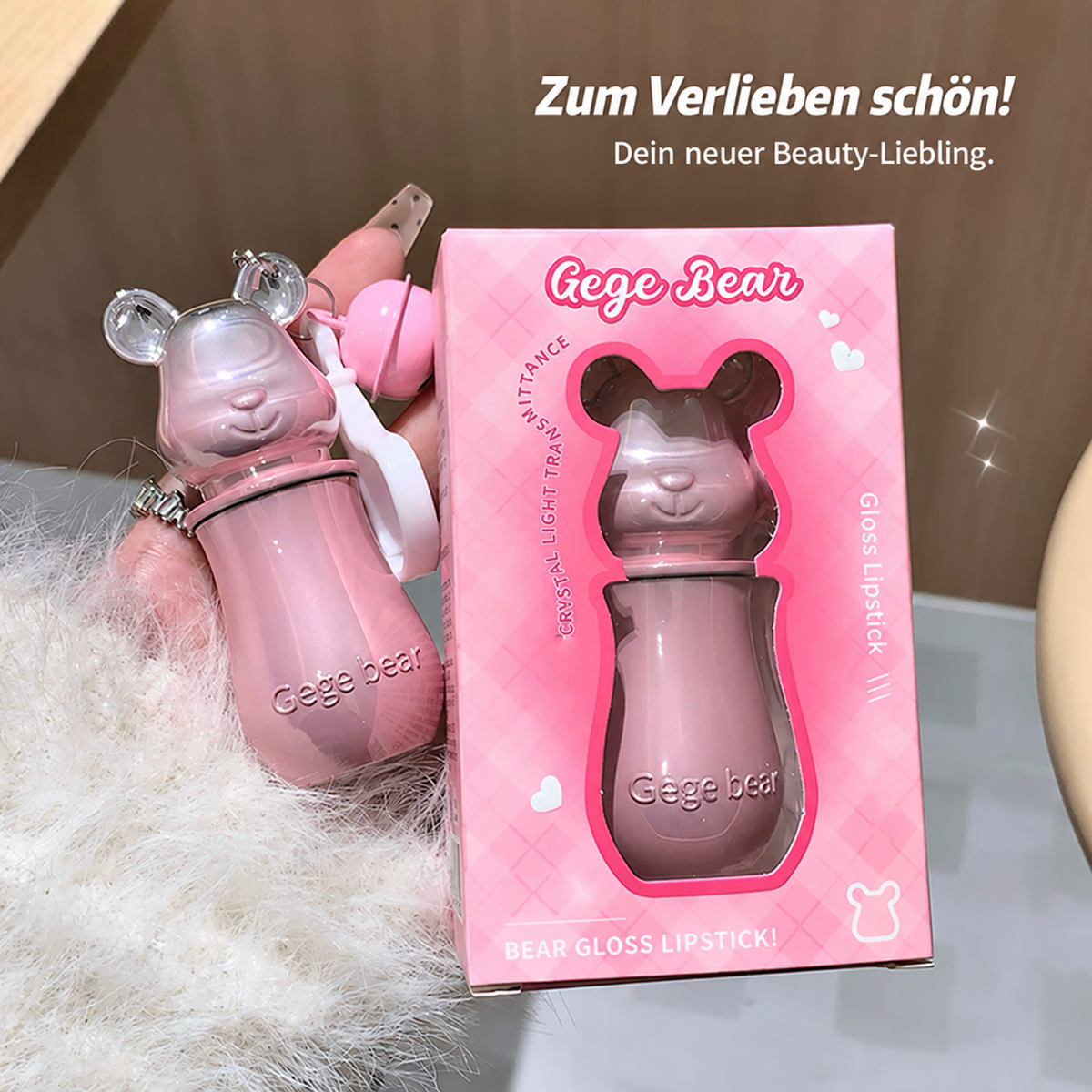 GEGE BEAR Lippenstift mit Glossy Finish & süßem Bären-Taschenanhänger, 3,8 g