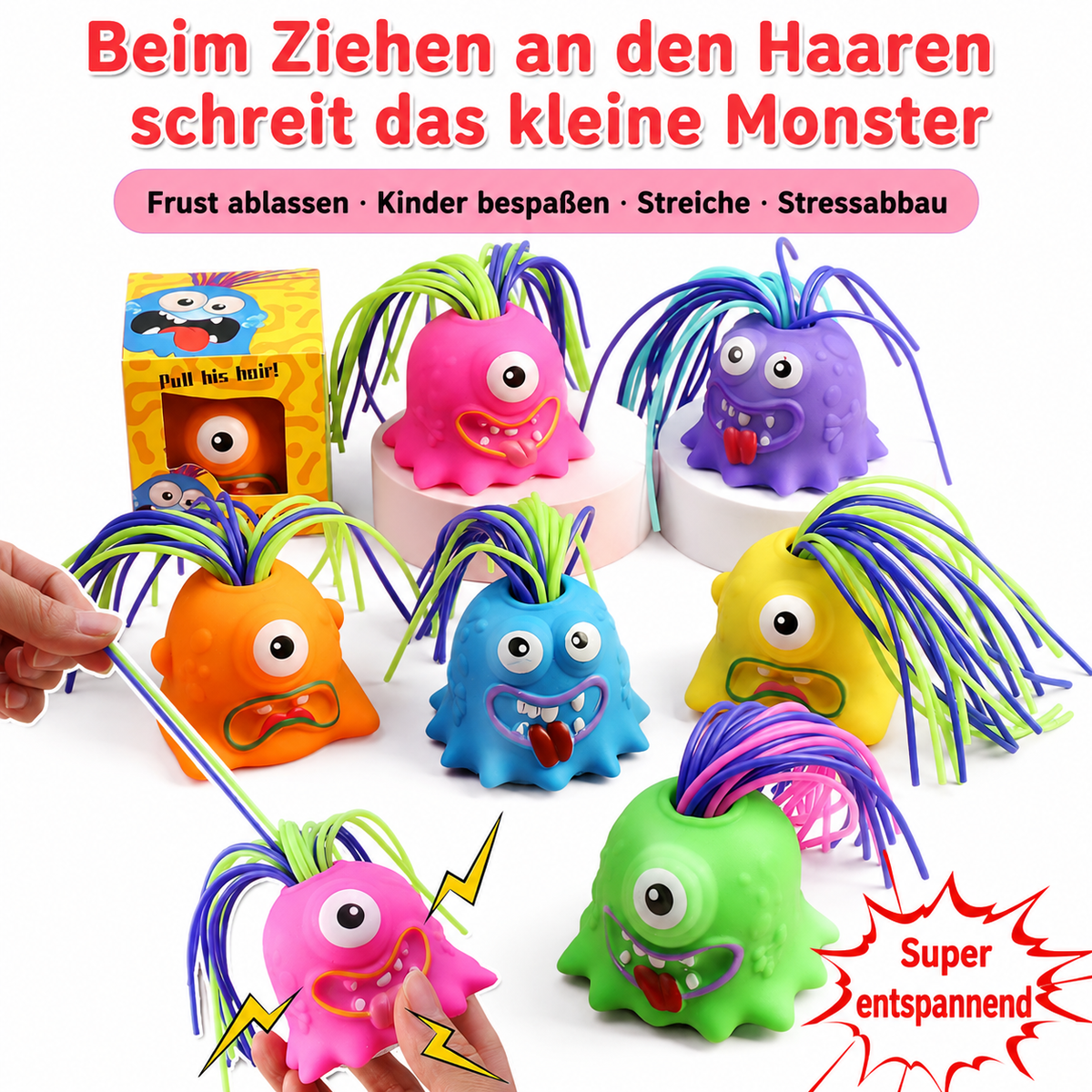 Mystery Box – Lustiges Schreimonster | Interaktives Anti-Stress-Spielzeug mit Sound | Haare ziehen & Geräusche hören | 1 Stück, zufällige Farbe