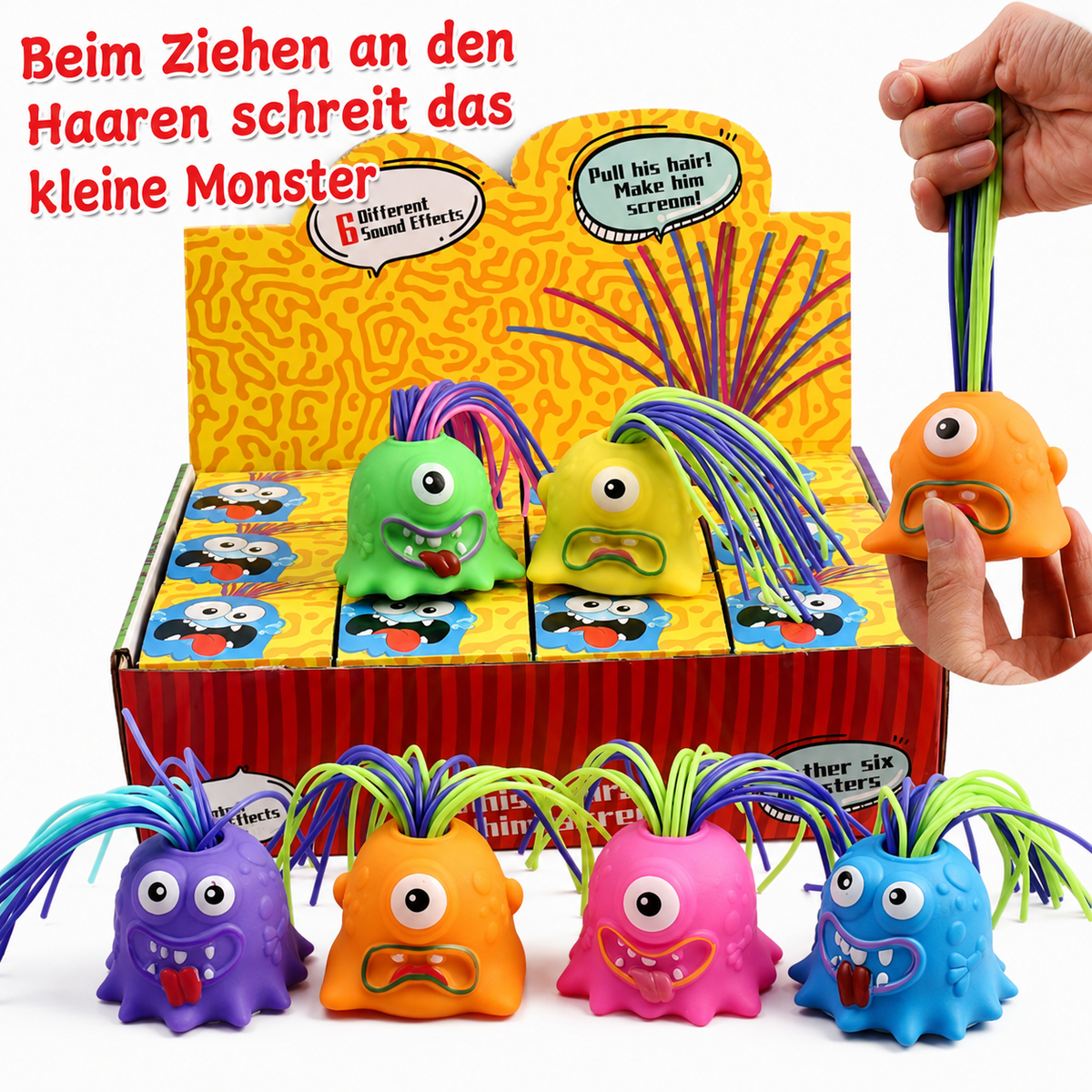 Mystery Box – Lustiges Schreimonster | Interaktives Anti-Stress-Spielzeug mit Sound | Haare ziehen & Geräusche hören | 1 Stück, zufällige Farbe