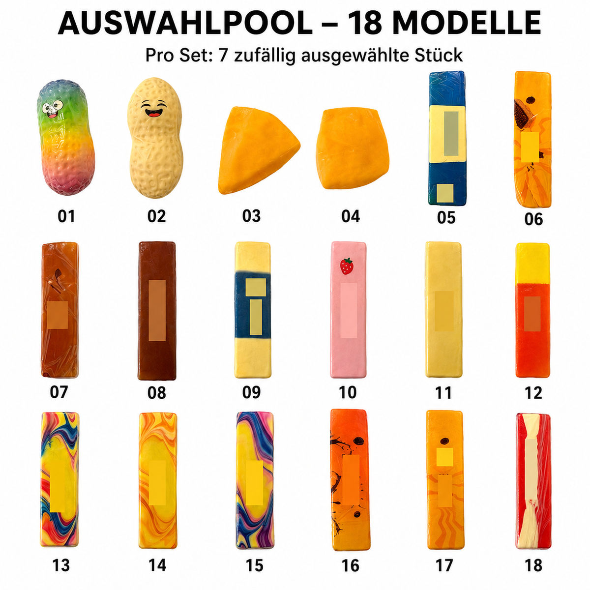 Mystery Farbe Match Blind Box 7er Squeeze-Sammelset – 7 zufällige Modelle aus 18 Designs – weiche Drückfiguren