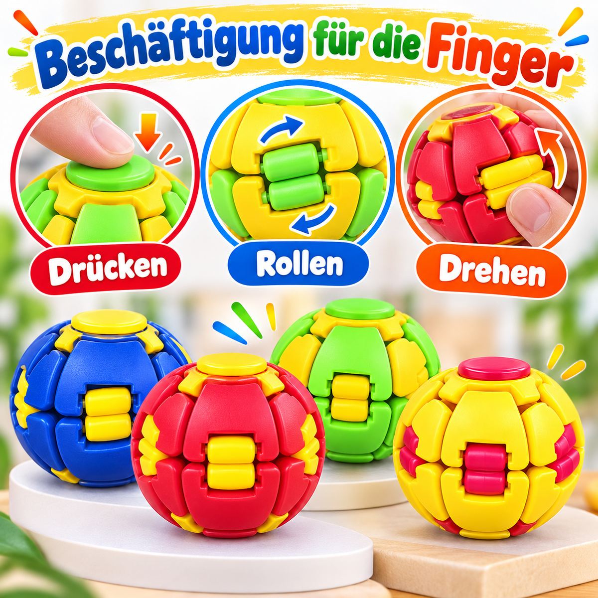 Fidget-Kugel Überraschungsbox – Dreh-, Roll- & Druckspielzeug | 6 Farben | Zufällige Auswahl | 1 Stück