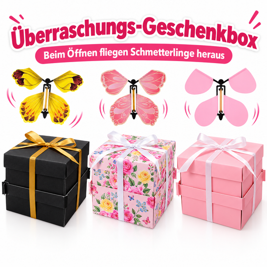 Überraschungs-Geschenkbox mit 8 fliegenden Schmetterlingen – Explosionsbox inkl. Raffia & Schleifenband, 3 Designs