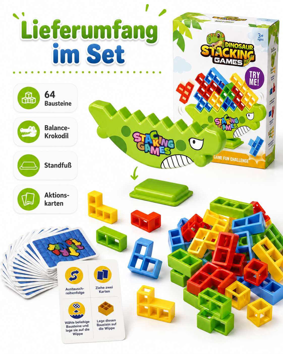 Balance-Spiel mit 64 Bausteinen für Kinder ab 3 Jahren – Stapelspiel mit Aktionskarten