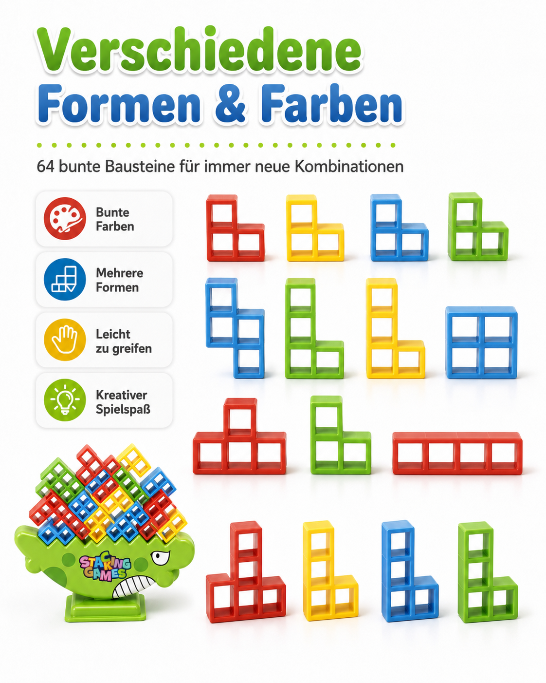 Balance-Spiel mit 64 Bausteinen für Kinder ab 3 Jahren – Stapelspiel mit Aktionskarten