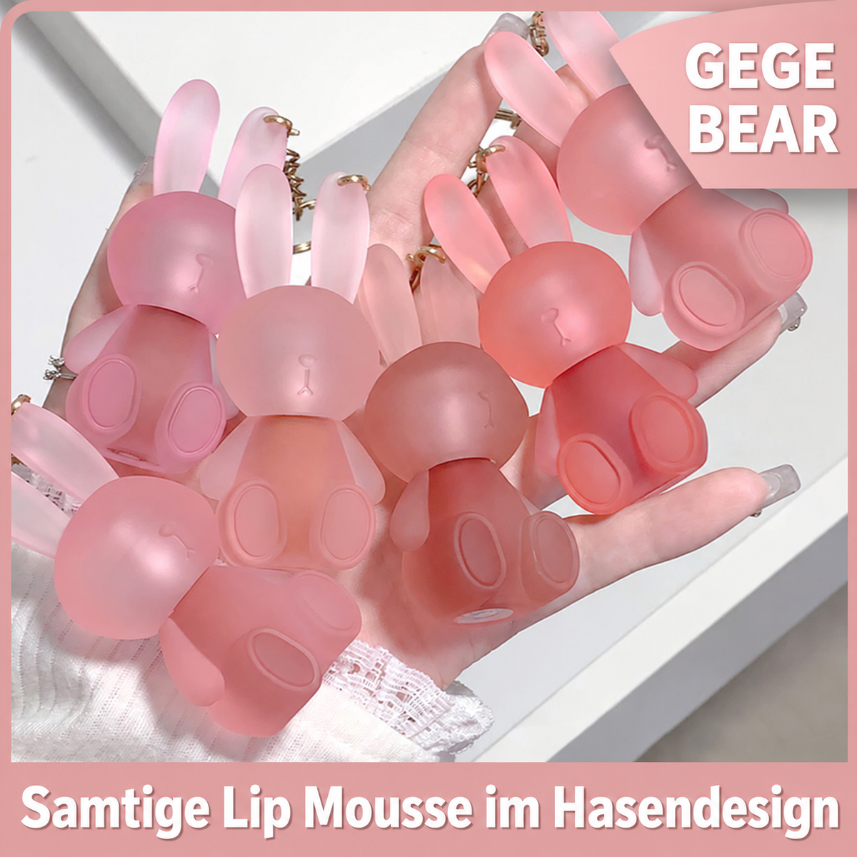 GEGE BEAR Lip Mousse – samtig-matte Lippenfarbe im Hasendesign mit Schlüsselring, für Blurred Lips