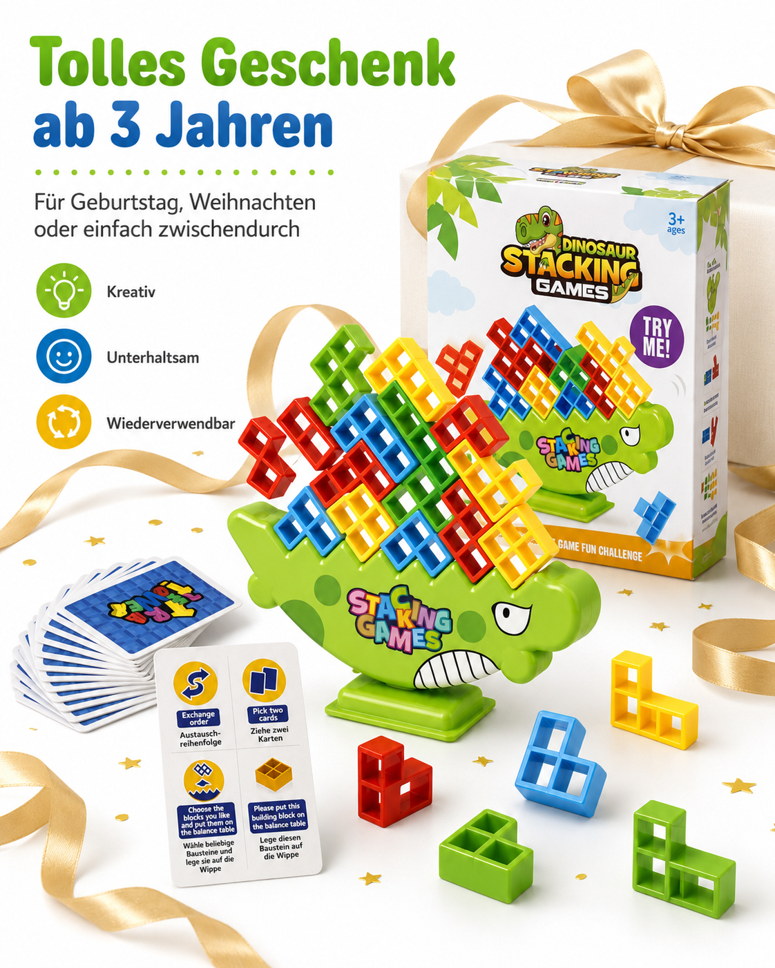 Balance-Spiel mit 64 Bausteinen für Kinder ab 3 Jahren – Stapelspiel mit Aktionskarten