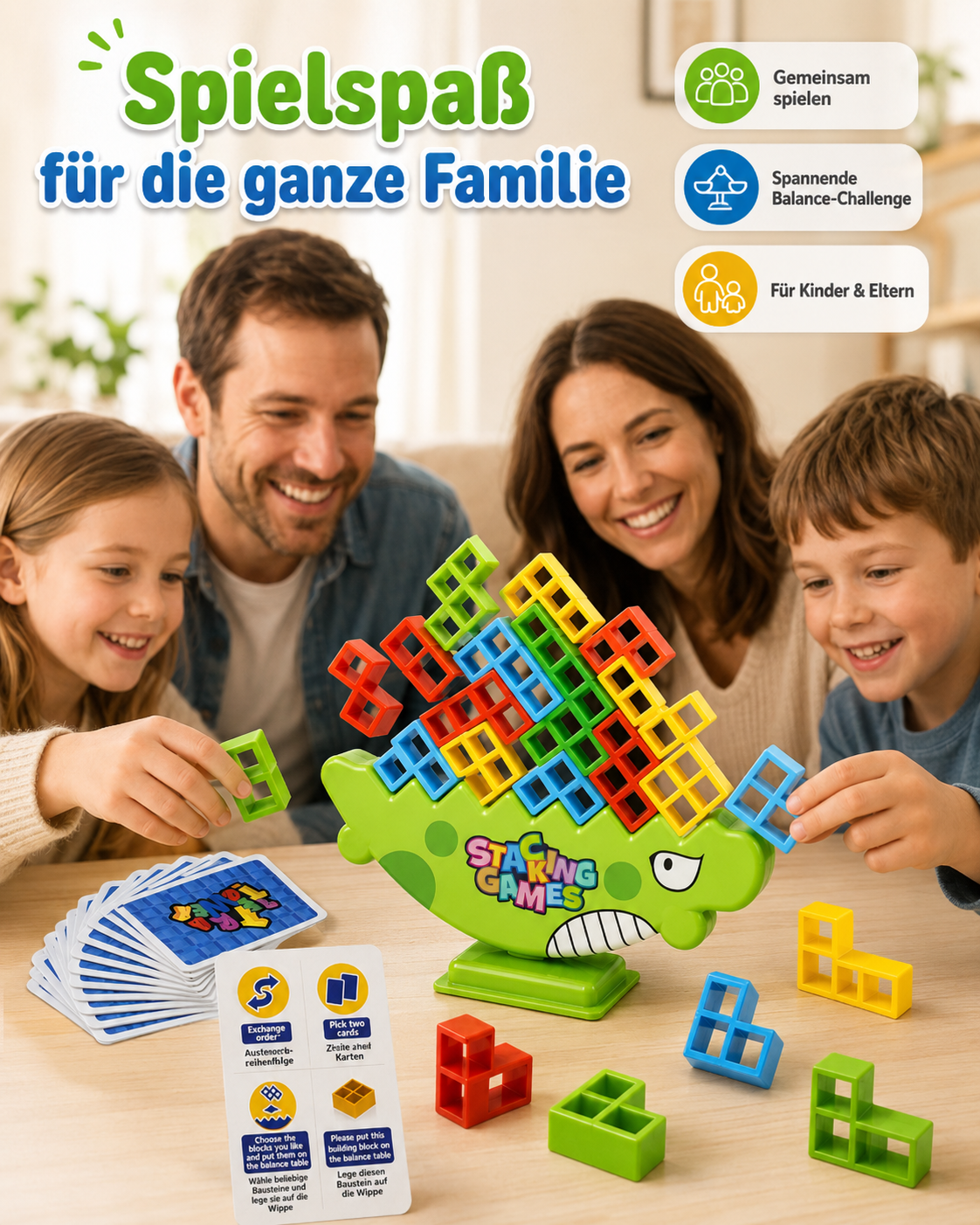 Balance-Spiel mit 64 Bausteinen für Kinder ab 3 Jahren – Stapelspiel mit Aktionskarten