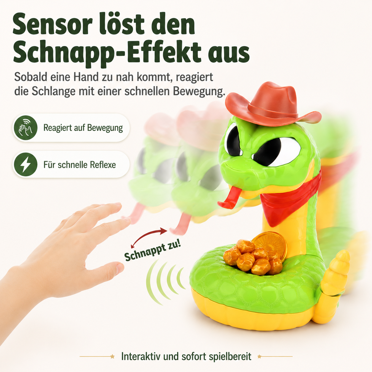 Schnapp-Schlange – lustiges Reaktionsspiel mit Goldstücken für Kinder & Familie