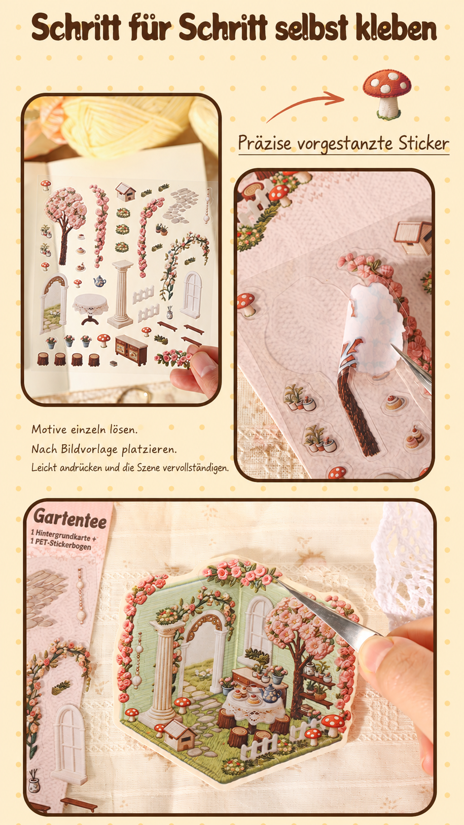 DIY Sticker Set in Stickerei-Optik, selbstklebende PET Aufkleber mit Hintergrundkarte, Miniatur-Szene zum Selberkleben nach Bildvorlage, Bastelset für kreative Auszeiten Sticker-Collage mit Frühlings- und Sommermotiven, Geschenk für Bastelfans 11 x 12 cm
