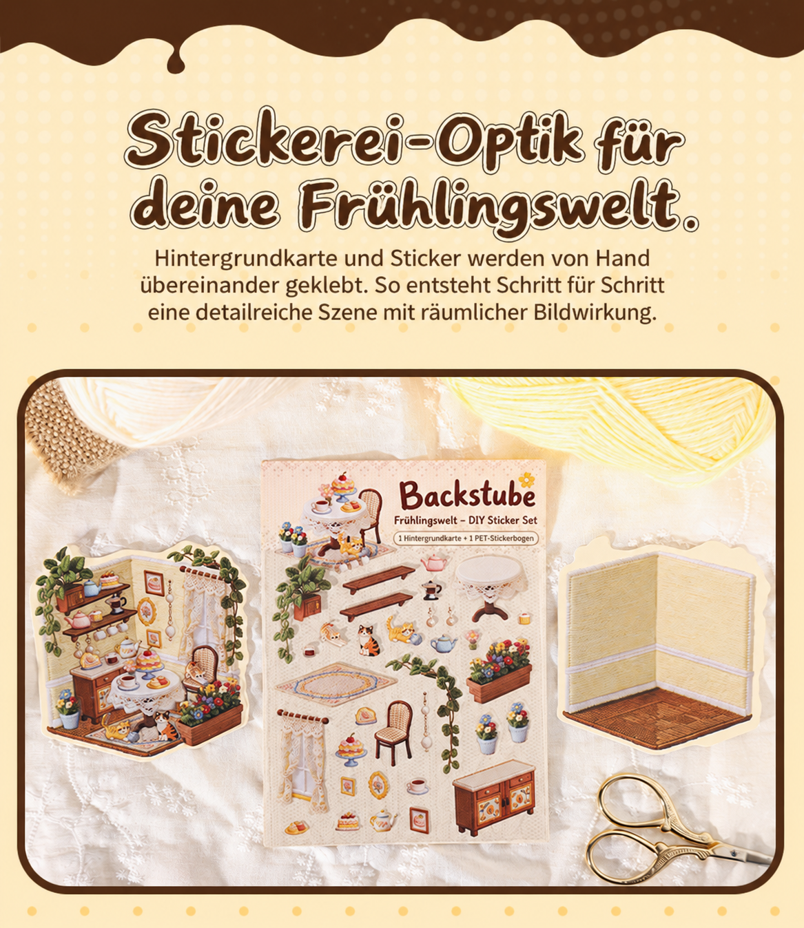 DIY Sticker Set in Stickerei-Optik, selbstklebende PET Aufkleber mit Hintergrundkarte, Miniatur-Szene zum Selberkleben nach Bildvorlage, Bastelset für kreative Auszeiten Sticker-Collage mit Frühlings- und Sommermotiven, Geschenk für Bastelfans 11 x 12 cm