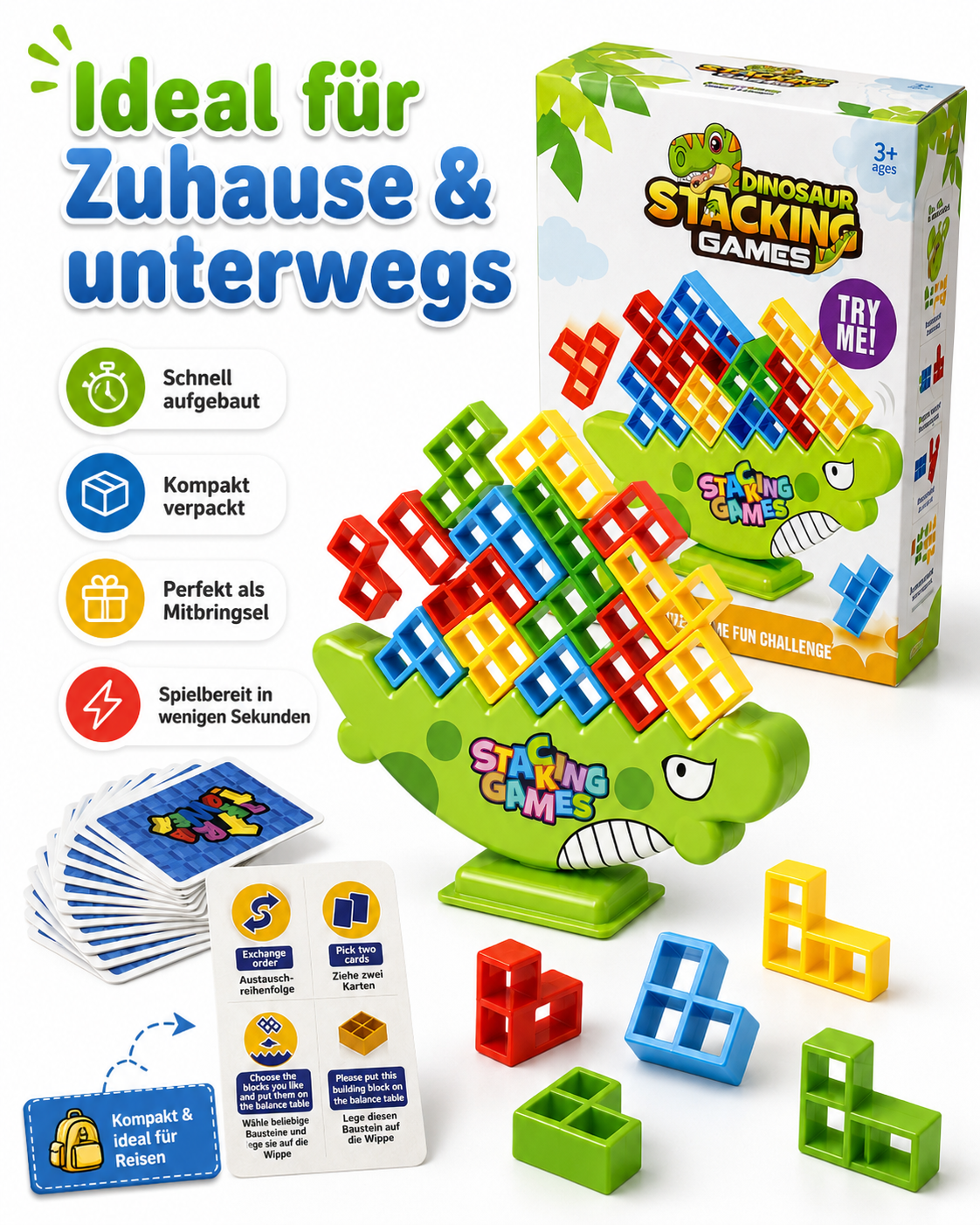 Balance-Spiel mit 64 Bausteinen für Kinder ab 3 Jahren – Stapelspiel mit Aktionskarten