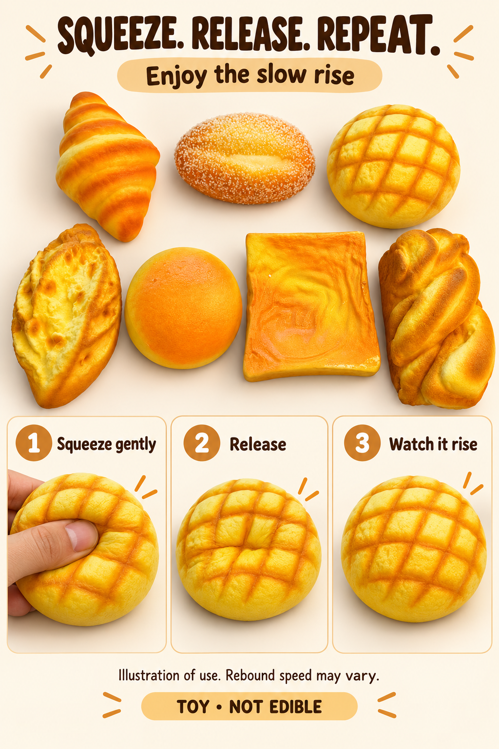 Brotförmiges Squishy mit Brotduft – langsam rückformendes Knautschspielzeug, 7 Designs zur Auswahl