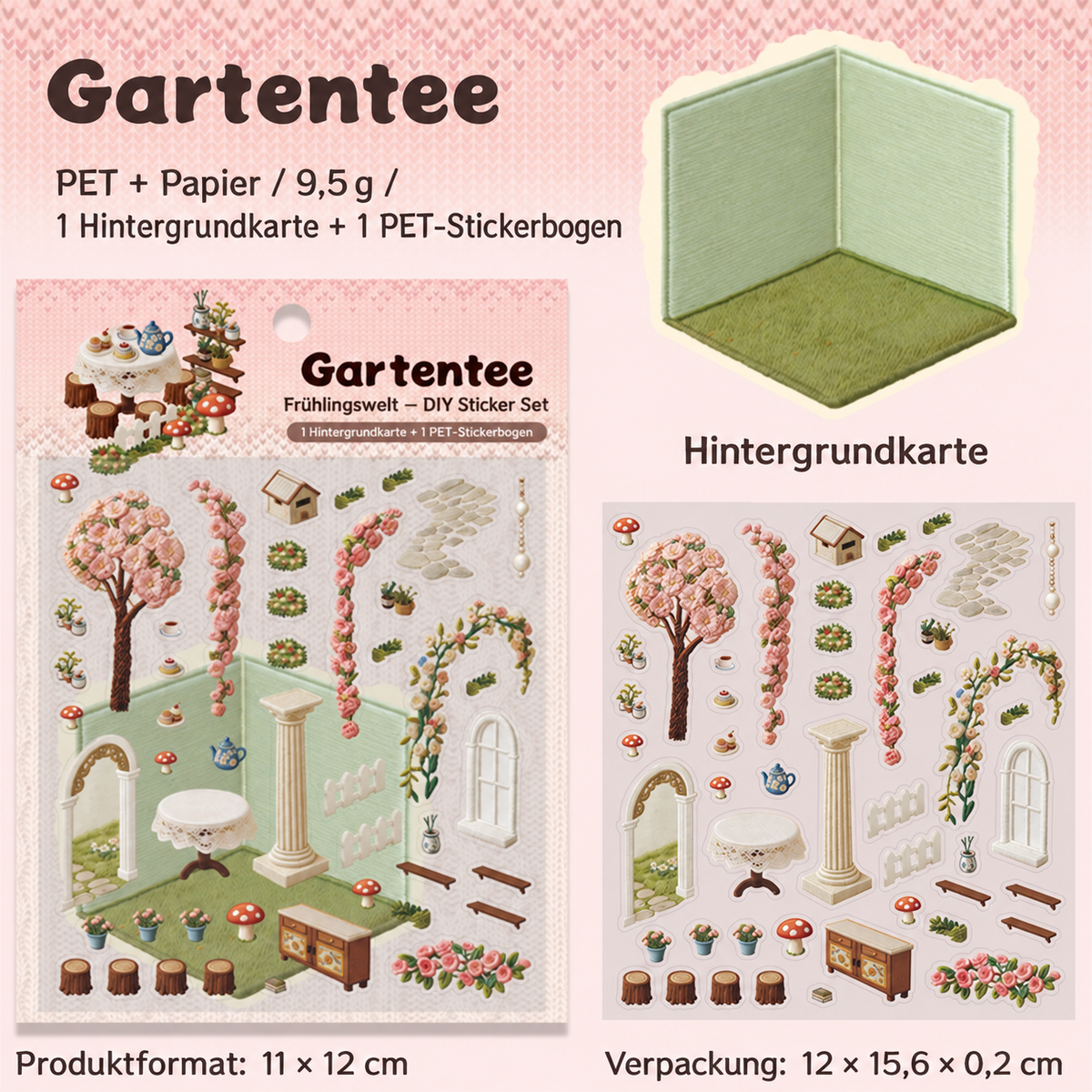 DIY Sticker Set in Stickerei-Optik, selbstklebende PET Aufkleber mit Hintergrundkarte, Miniatur-Szene zum Selberkleben nach Bildvorlage, Bastelset für kreative Auszeiten Sticker-Collage mit Frühlings- und Sommermotiven, Geschenk für Bastelfans 11 x 12 cm